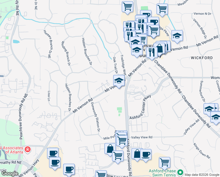 map of restaurants, bars, coffee shops, grocery stores, and more near 1445 Mt Vernon Rd in Atlanta