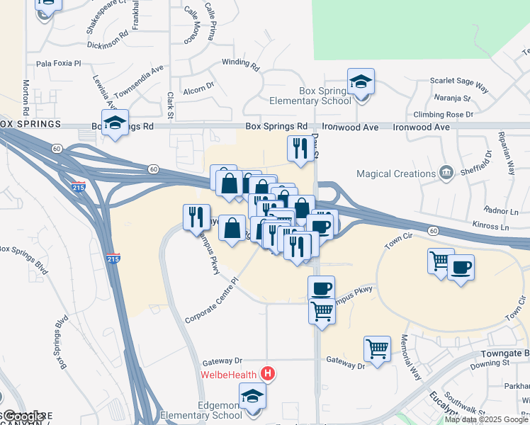 map of restaurants, bars, coffee shops, grocery stores, and more near 2688 Canyon Springs Parkway in Riverside