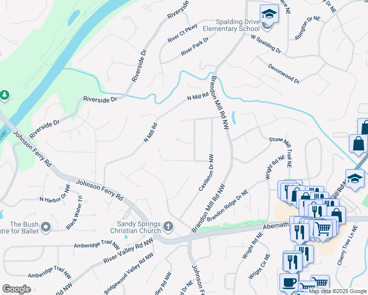 map of restaurants, bars, coffee shops, grocery stores, and more near 100 Finchley Court Northwest in Atlanta
