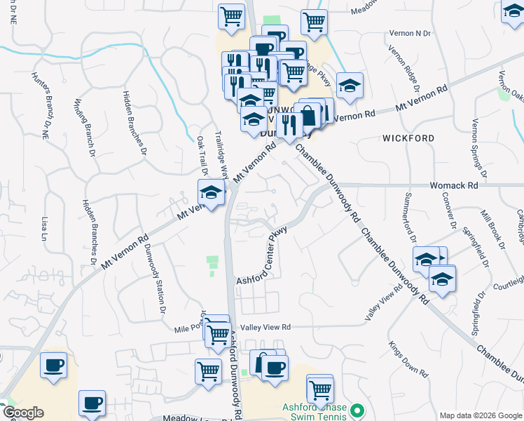 map of restaurants, bars, coffee shops, grocery stores, and more near 200 Ashford Center North Driveway in Atlanta