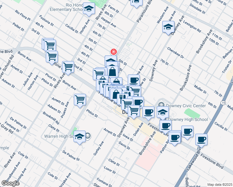 map of restaurants, bars, coffee shops, grocery stores, and more near 8129 Firestone Boulevard in Downey