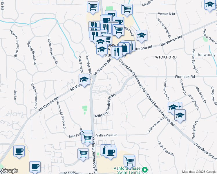 map of restaurants, bars, coffee shops, grocery stores, and more near 200 Ashford Center North Driveway in Atlanta