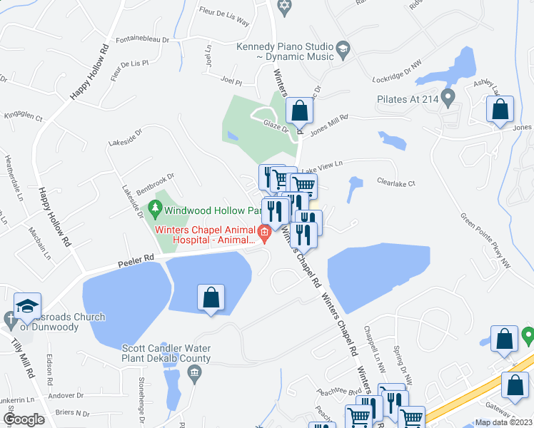 map of restaurants, bars, coffee shops, grocery stores, and more near 4885 Glaze Drive in Atlanta