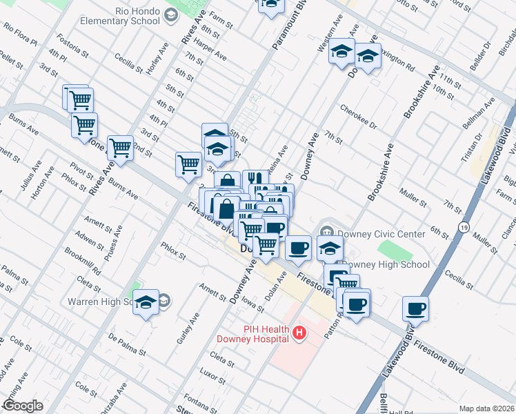 map of restaurants, bars, coffee shops, grocery stores, and more near 11021 La Reina Avenue in Downey