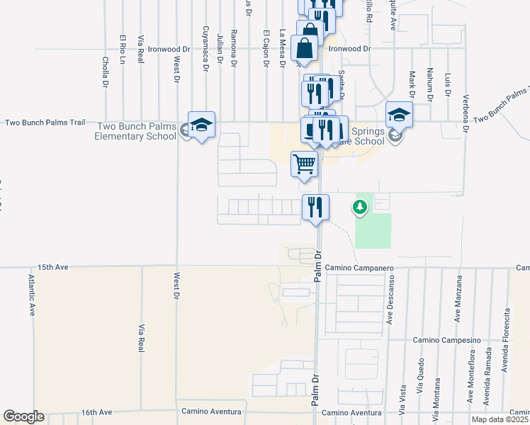 map of restaurants, bars, coffee shops, grocery stores, and more near 14777 Palm Drive in Desert Hot Springs