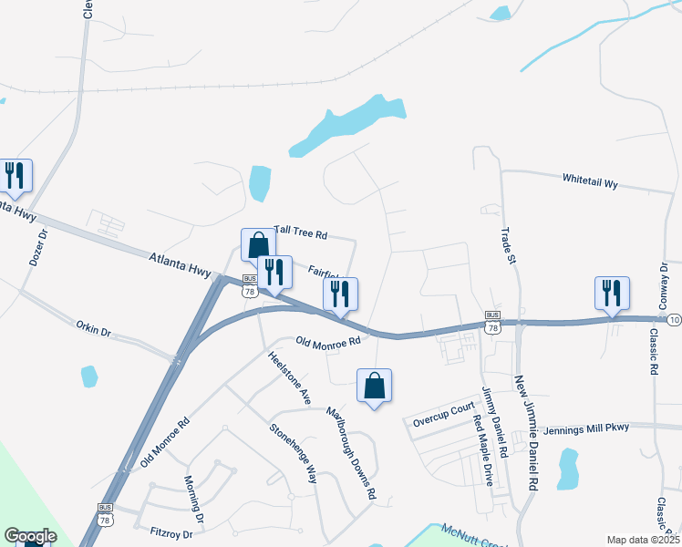 map of restaurants, bars, coffee shops, grocery stores, and more near 118 Fairfield Circle in Bogart