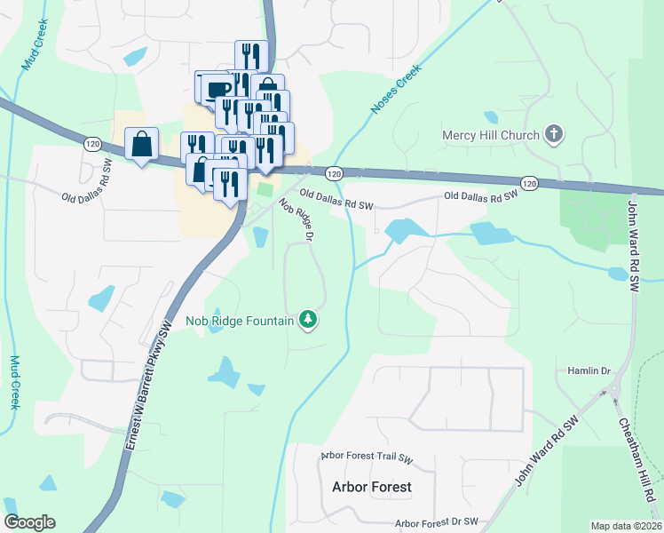 map of restaurants, bars, coffee shops, grocery stores, and more near 757 Nob Ridge Drive in Marietta