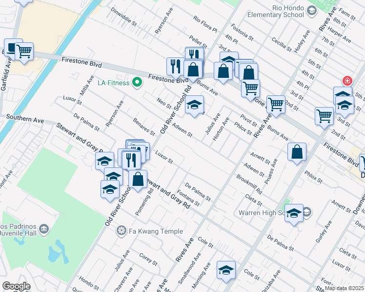 map of restaurants, bars, coffee shops, grocery stores, and more near 7508 Brookmill Road in Downey