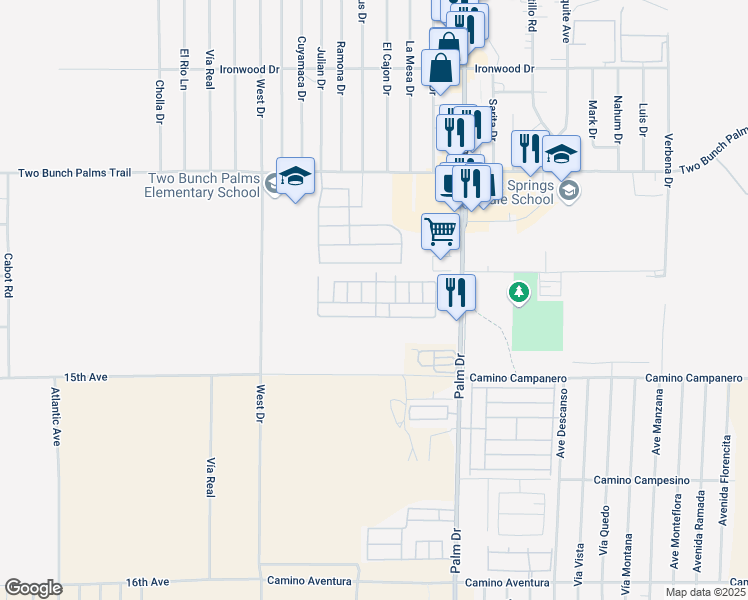 map of restaurants, bars, coffee shops, grocery stores, and more near 14777 Palm Drive in Desert Hot Springs