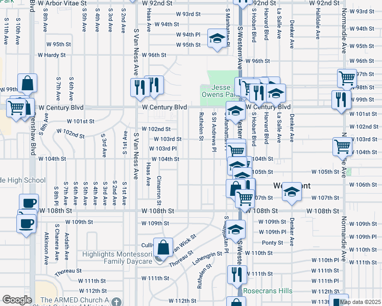 map of restaurants, bars, coffee shops, grocery stores, and more near 10332 South Gramercy Place in Los Angeles