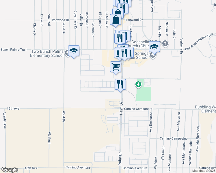 map of restaurants, bars, coffee shops, grocery stores, and more near 14777 Palm Drive in Desert Hot Springs