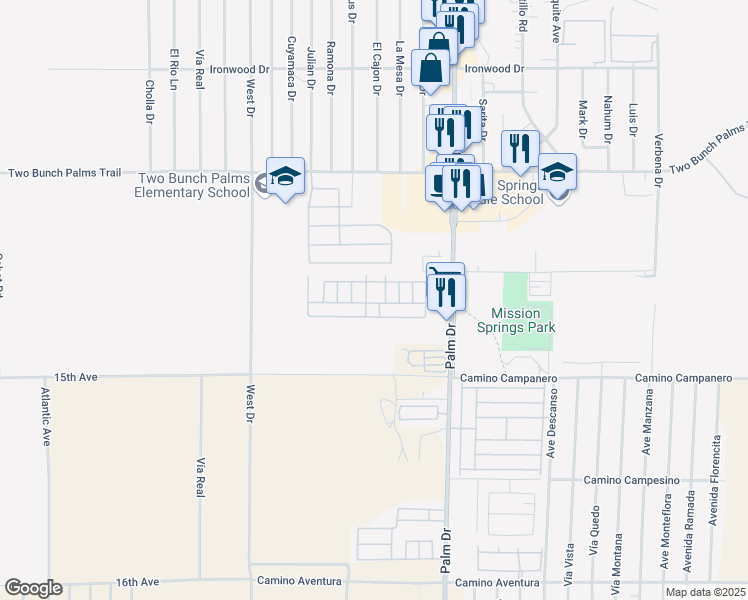 map of restaurants, bars, coffee shops, grocery stores, and more near 14777 Palm Drive in Desert Hot Springs
