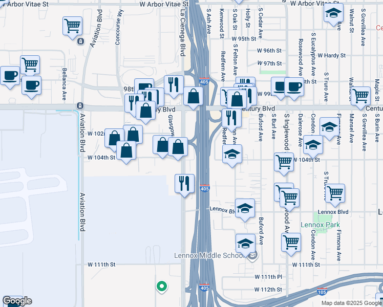 map of restaurants, bars, coffee shops, grocery stores, and more near 10325 Irwin Avenue in Inglewood