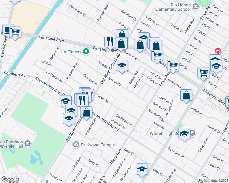 map of restaurants, bars, coffee shops, grocery stores, and more near 7508 Brookmill Road in Downey