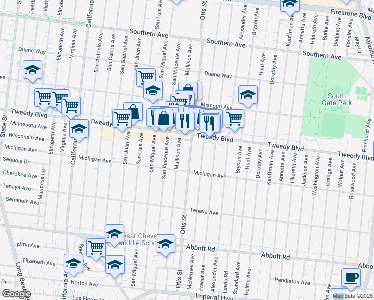 map of restaurants, bars, coffee shops, grocery stores, and more near 10007 Otis Street in South Gate