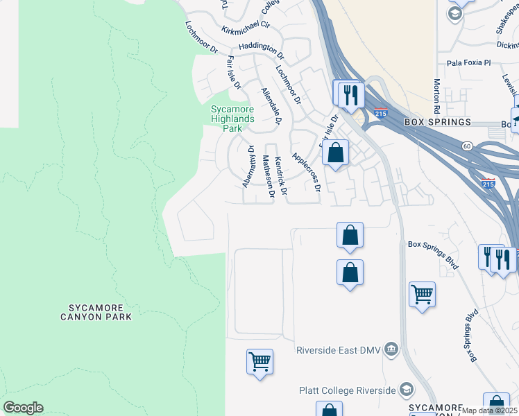 map of restaurants, bars, coffee shops, grocery stores, and more near 1443 Sutherland Drive in Riverside