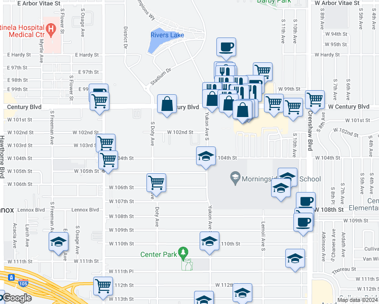 map of restaurants, bars, coffee shops, grocery stores, and more near 3645 West 104th Street in Inglewood