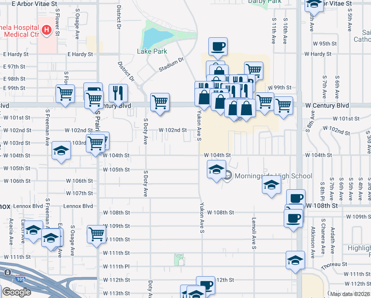map of restaurants, bars, coffee shops, grocery stores, and more near 3627 West 104th Street in Inglewood