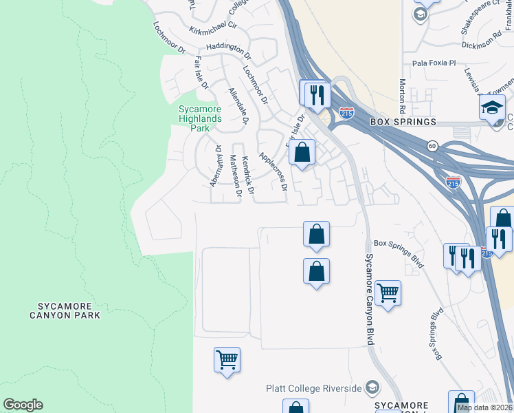 map of restaurants, bars, coffee shops, grocery stores, and more near 1524 Stockport Drive in Riverside