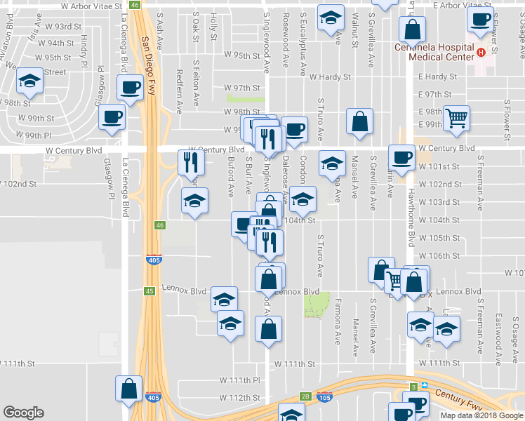 map of restaurants, bars, coffee shops, grocery stores, and more near 10323 South Inglewood Avenue in Inglewood