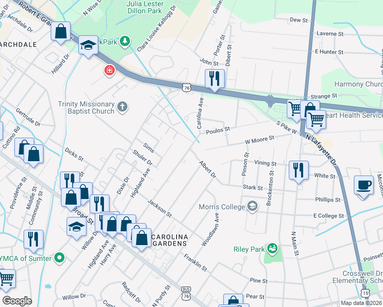 map of restaurants, bars, coffee shops, grocery stores, and more near 159 Carolina Avenue in Sumter