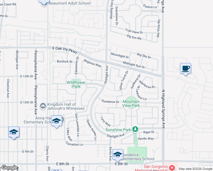 map of restaurants, bars, coffee shops, grocery stores, and more near 1410 Poppy Court in Beaumont