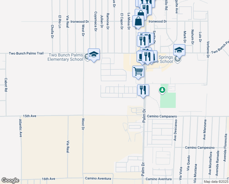 map of restaurants, bars, coffee shops, grocery stores, and more near 14777 Palm Drive in Desert Hot Springs