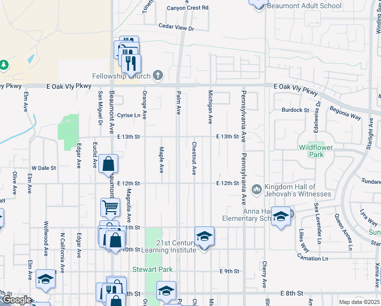 map of restaurants, bars, coffee shops, grocery stores, and more near 1254 Chestnut Avenue in Beaumont