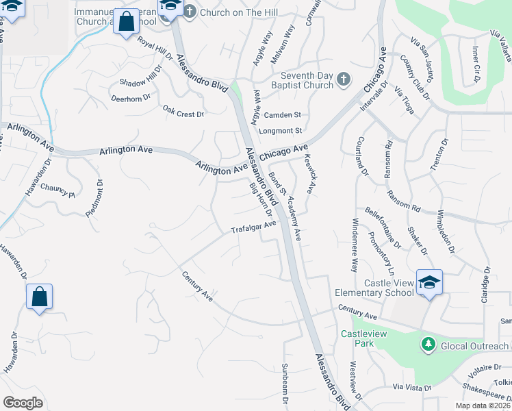 map of restaurants, bars, coffee shops, grocery stores, and more near 2152 Hackamore Place in Riverside