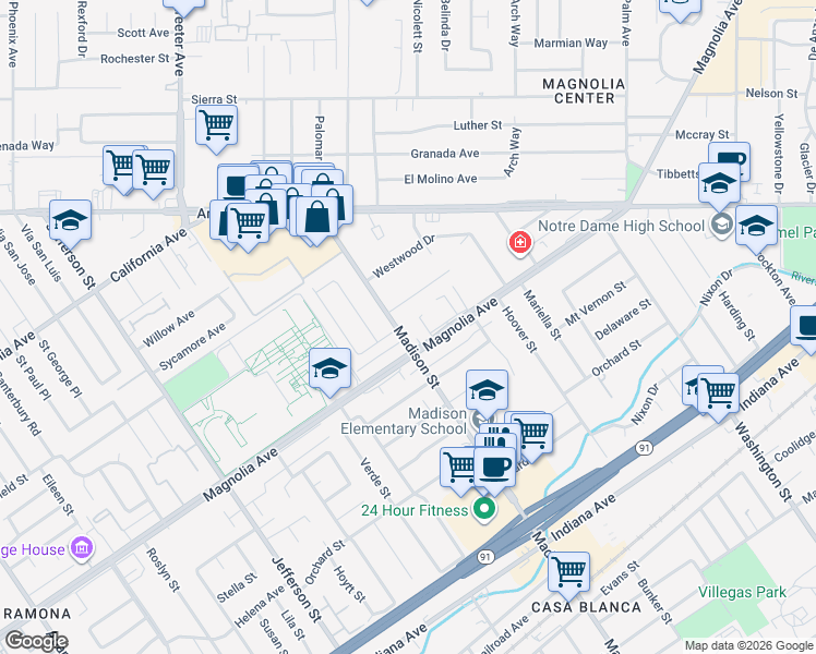 map of restaurants, bars, coffee shops, grocery stores, and more near 3815 Madison Street in Riverside