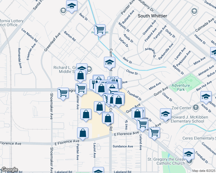 map of restaurants, bars, coffee shops, grocery stores, and more near 10081 Carmenita Road in Whittier