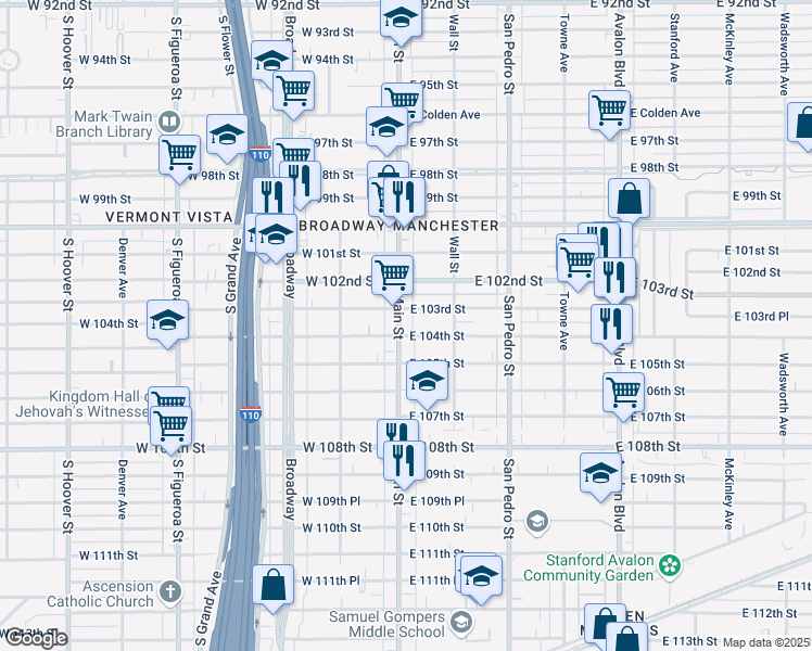 map of restaurants, bars, coffee shops, grocery stores, and more near 109 East 104th Street in Los Angeles