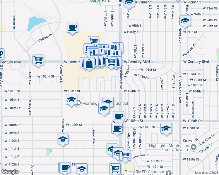 map of restaurants, bars, coffee shops, grocery stores, and more near 10242 South 10th Avenue in Inglewood