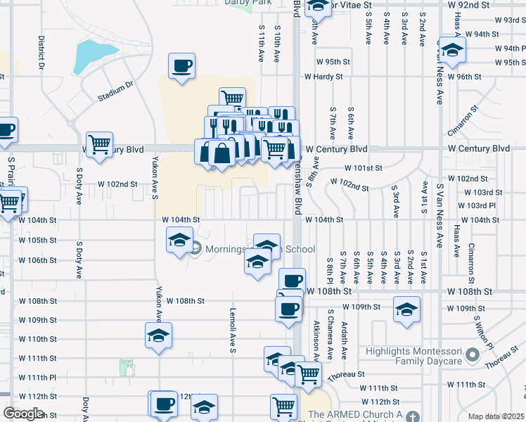 map of restaurants, bars, coffee shops, grocery stores, and more near 3301 West 104th Street in Inglewood