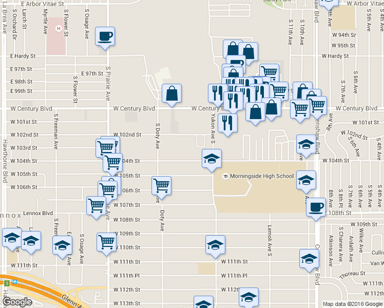 map of restaurants, bars, coffee shops, grocery stores, and more near 3627 West 104th Street in Inglewood