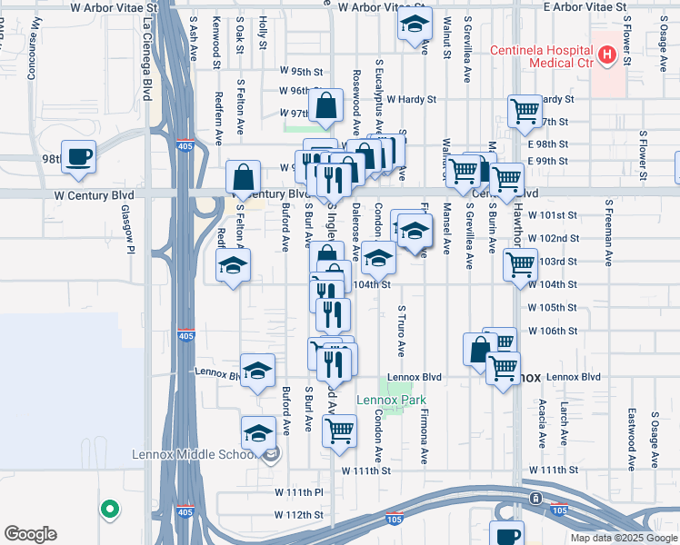 map of restaurants, bars, coffee shops, grocery stores, and more near 10333 Dalerose Avenue in Lennox