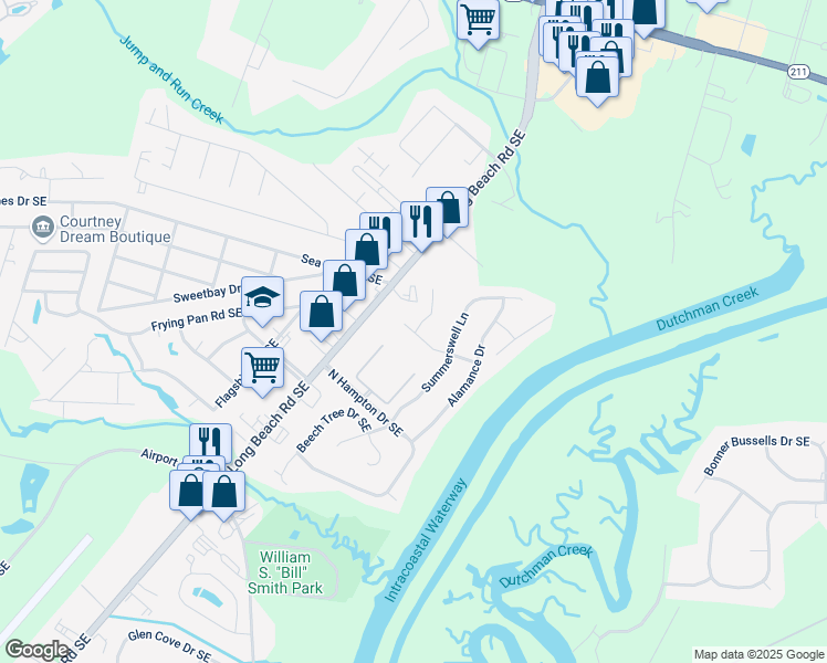 map of restaurants, bars, coffee shops, grocery stores, and more near 3 Dreamweaver Court in Southport