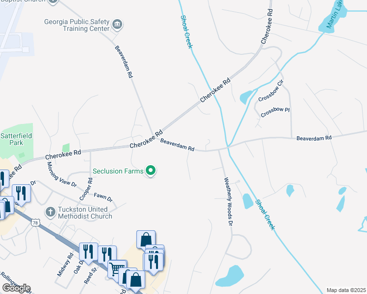 map of restaurants, bars, coffee shops, grocery stores, and more near 105 Pine Creek Way in Winterville