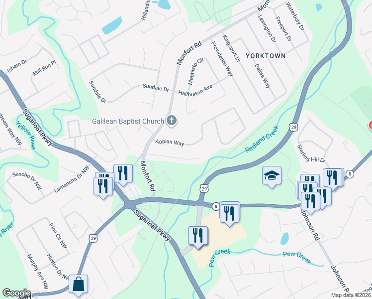 map of restaurants, bars, coffee shops, grocery stores, and more near 1341 Charter Oaks Lane in Lawrenceville