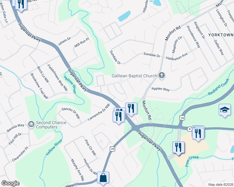map of restaurants, bars, coffee shops, grocery stores, and more near 742 River Hill Drive in Lawrenceville