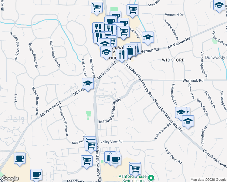 map of restaurants, bars, coffee shops, grocery stores, and more near 200 Ashford Center North Driveway in Atlanta