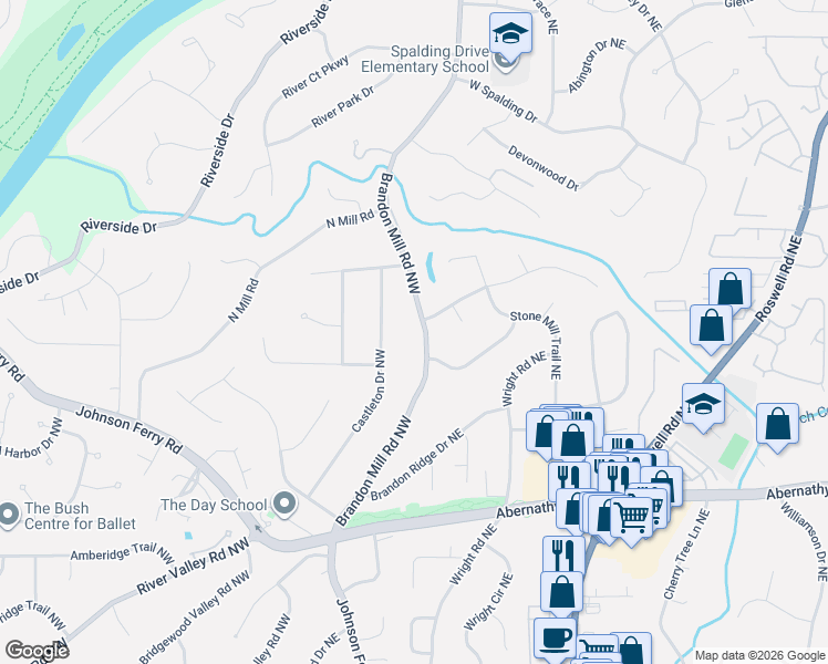 map of restaurants, bars, coffee shops, grocery stores, and more near 6845 Castleton Drive Northwest in Atlanta
