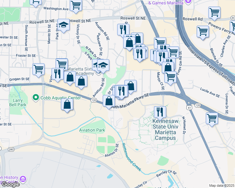 map of restaurants, bars, coffee shops, grocery stores, and more near 949 South Marietta Parkway Southeast in Marietta