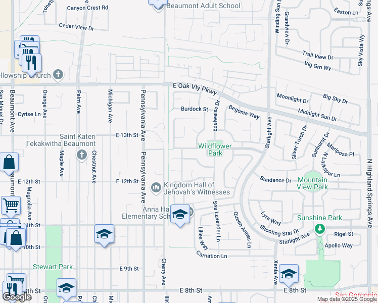 map of restaurants, bars, coffee shops, grocery stores, and more near 1353 Mistletoe Drive in Beaumont