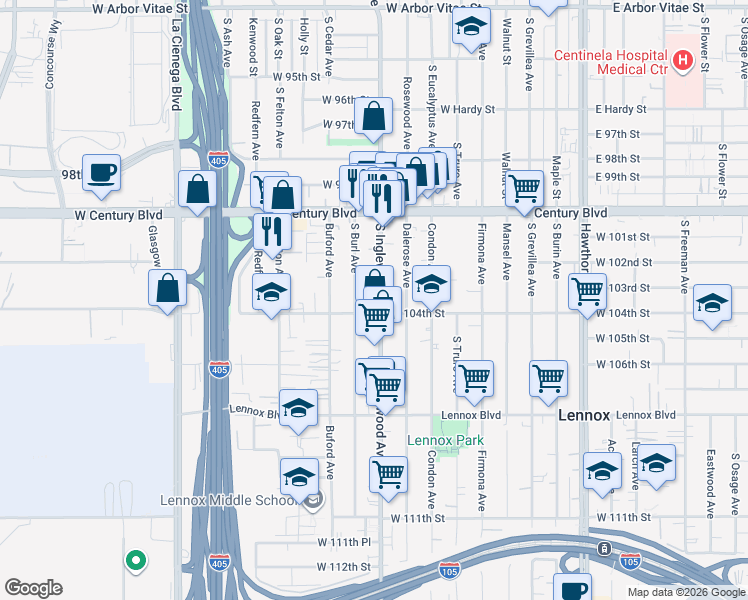 map of restaurants, bars, coffee shops, grocery stores, and more near 10323 South Inglewood Avenue in Inglewood