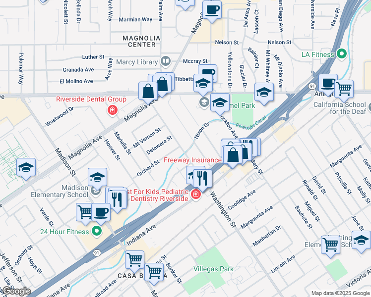 map of restaurants, bars, coffee shops, grocery stores, and more near 3591 Washington Street in Riverside