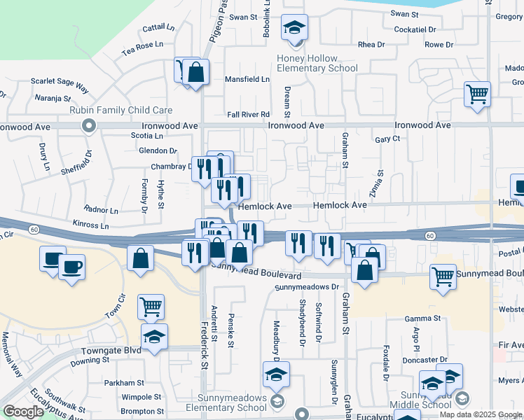 map of restaurants, bars, coffee shops, grocery stores, and more near 23195 Hemlock Avenue in Moreno Valley