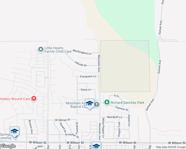 map of restaurants, bars, coffee shops, grocery stores, and more near 4195 Evergreen Lane in Banning