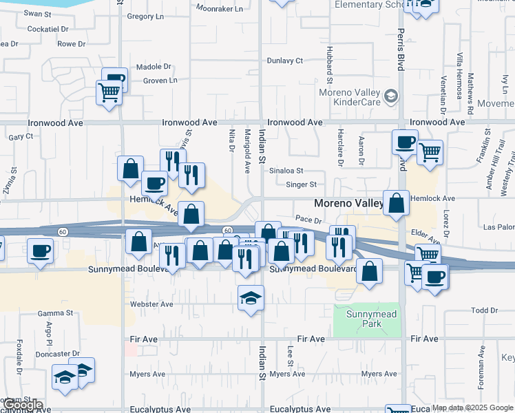map of restaurants, bars, coffee shops, grocery stores, and more near 24513 Hemlock Avenue in Moreno Valley
