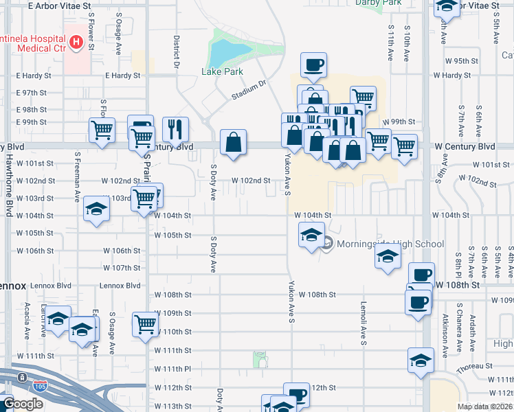 map of restaurants, bars, coffee shops, grocery stores, and more near 3645 West 104th Street in Inglewood